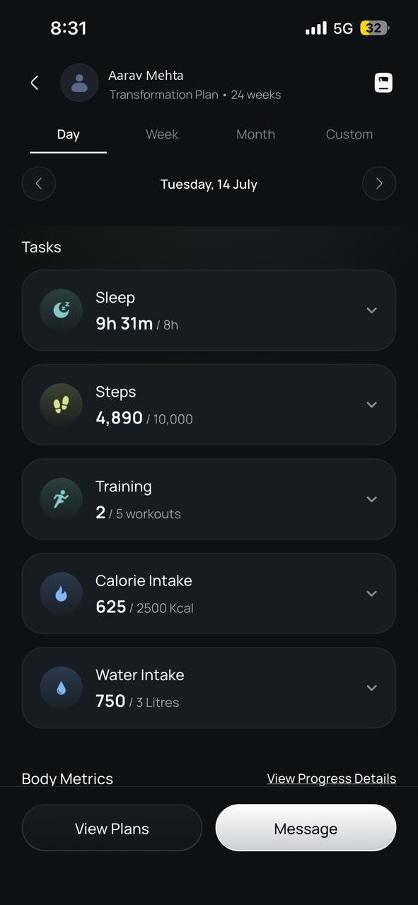 Fittr One Coaching app screen. Task Cards: a plan as daily commitments