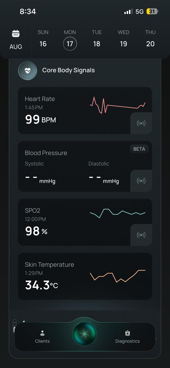Hart Ring app screen. Core body signals from the ring