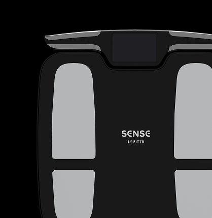 Sense Pro seen from above: four electrode pads, retractable handle bar, SENSE by FITTR