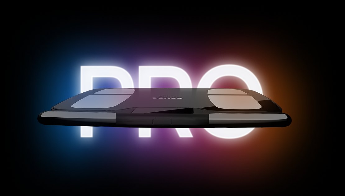 Sense Pro scale at an angle with a glowing PRO behind it