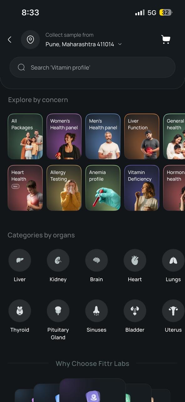Fittr Diagnostics app screen. Booking a panel: by concern or by organ, home collection in Pune
