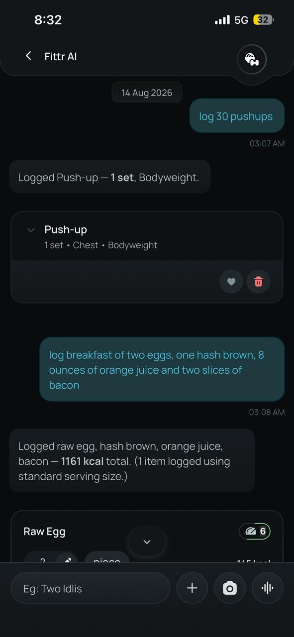 Hart AI Chat app screen. A workout and a breakfast, logged the same way