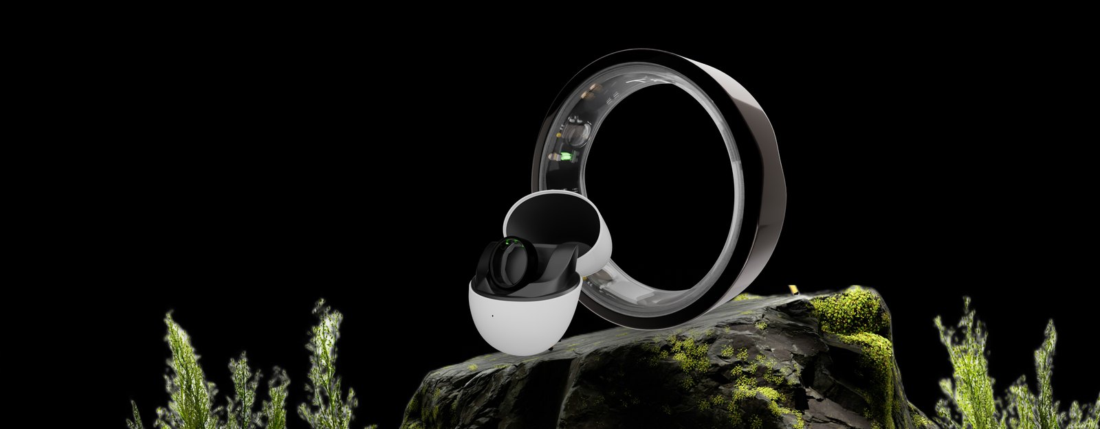 Hart Ring standing beside its charging case on a mossy rock