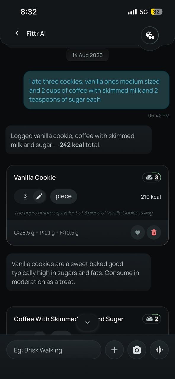 Hart AI Chat app screen. Three cookies and two coffees, logged from one sentence