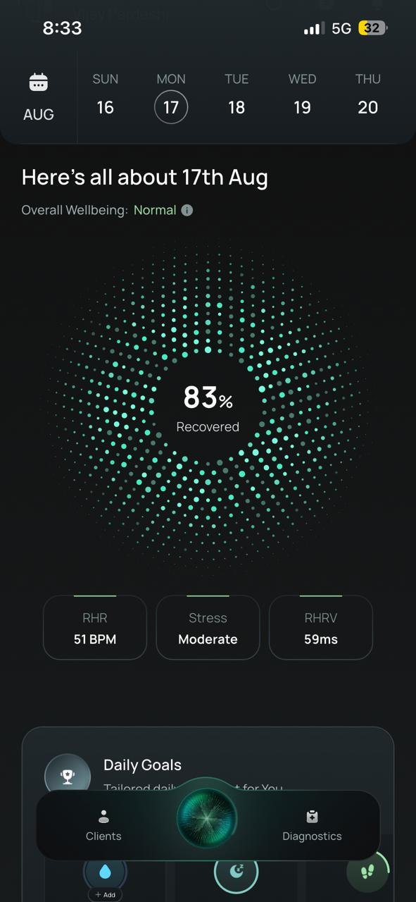 Hart Ring app screen. Recovery for the day, with RHR, stress and HRV