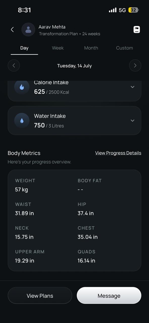 Sense Pro Scale app screen. Body metrics on the member side